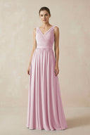 Candy Pink A-Line V-Neck Pleated Chiffon Bridesmaid Dress | KISSBRIDAL