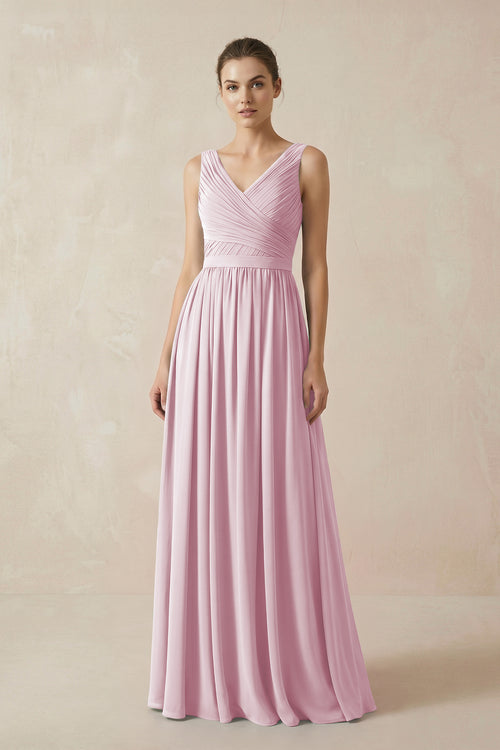 Candy Pink A-Line V-Neck Pleated Chiffon Bridesmaid Dress | KISSBRIDAL