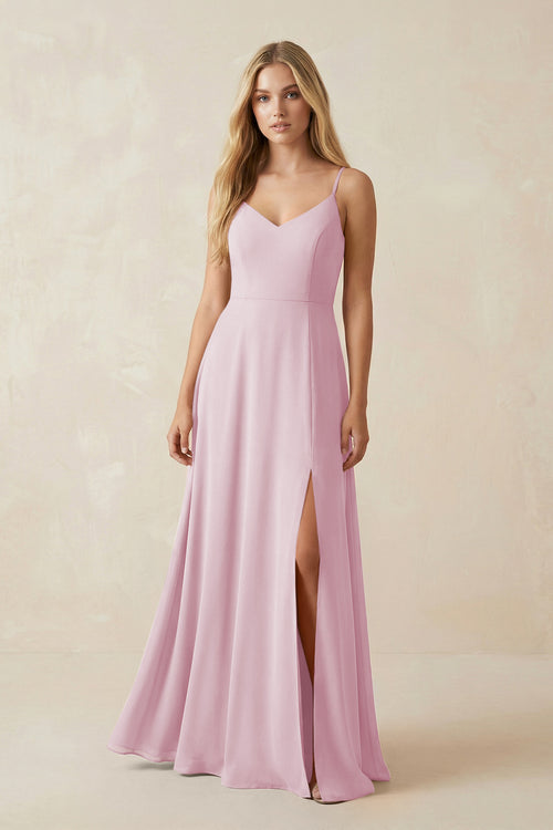 Candy Pink Cami Strap A-Line Chiffon Bridesmaid Dress with Slit | KISSBRIDAL