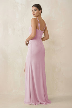 Candy Pink Cami Strap Chiffon Sheath Bridesmaid Gown (2) | KISSBRIDAL