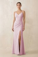 Candy Pink Cami Strap Chiffon Sheath Bridesmaid Gown | KISSBRIDAL