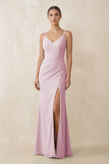 Candy Pink Cami Strap Chiffon Sheath Bridesmaid Gown | KISSBRIDAL