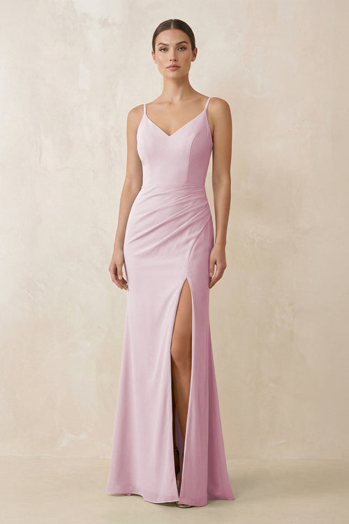 Candy Pink Cami Strap Chiffon Sheath Bridesmaid Gown | KISSBRIDAL