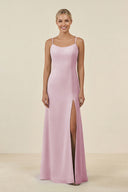 Candy Pink Cami Strap Chiffon Sheath Bridesmaid Gown | KISSBRIDAL