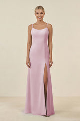 Candy Pink Cami Strap Chiffon Sheath Bridesmaid Gown | KISSBRIDAL