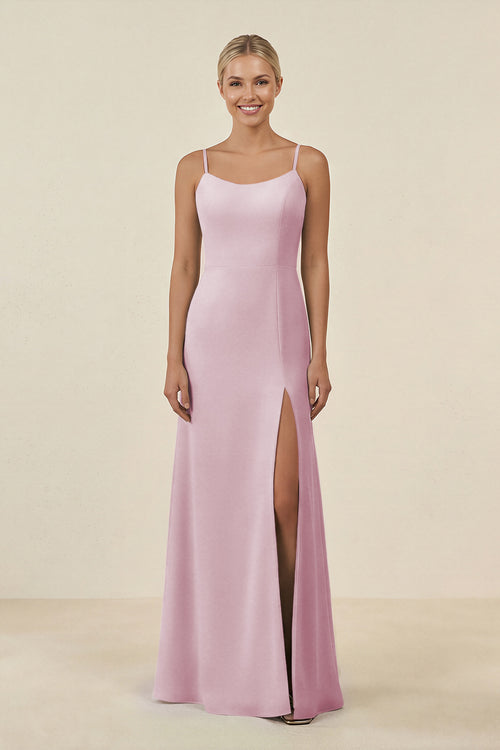 Candy Pink Cami Strap Chiffon Sheath Bridesmaid Gown | KISSBRIDAL