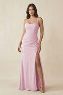 Candy Pink Cami Strap Sheath Chiffon Bridesmaid Dress with Slit | KISSBRIDAL