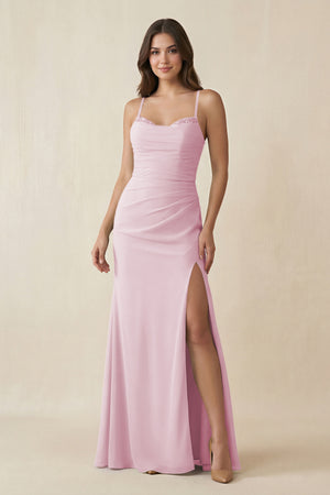 Candy Pink Cami Strap Sheath Chiffon Bridesmaid Dress with Slit | KISSBRIDAL