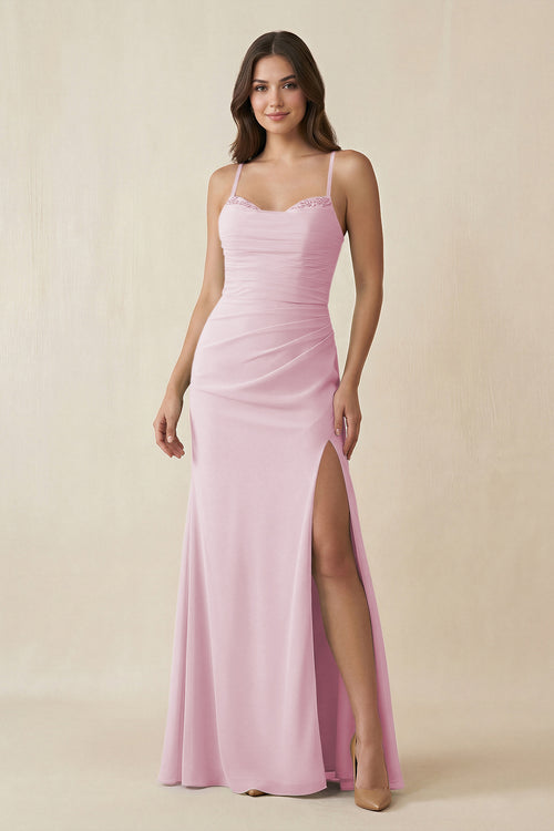 Candy Pink Cami Strap Sheath Chiffon Bridesmaid Dress with Slit | KISSBRIDAL