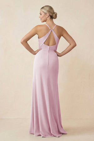 Candy Pink Cami Strap Sheath Ruched Bridesmaid Dress With Slit (2) | KISSBRIDAL