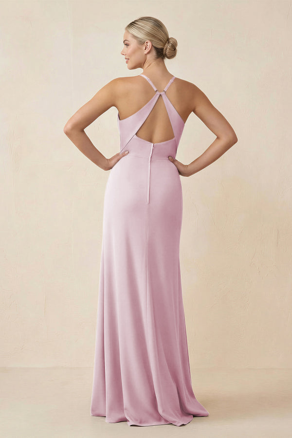 Candy Pink Cami Strap Sheath Ruched Bridesmaid Dress With Slit (2) | KISSBRIDAL