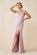 Candy Pink Cami Strap Sheath Ruched Bridesmaid Dress With Slit | KISSBRIDAL