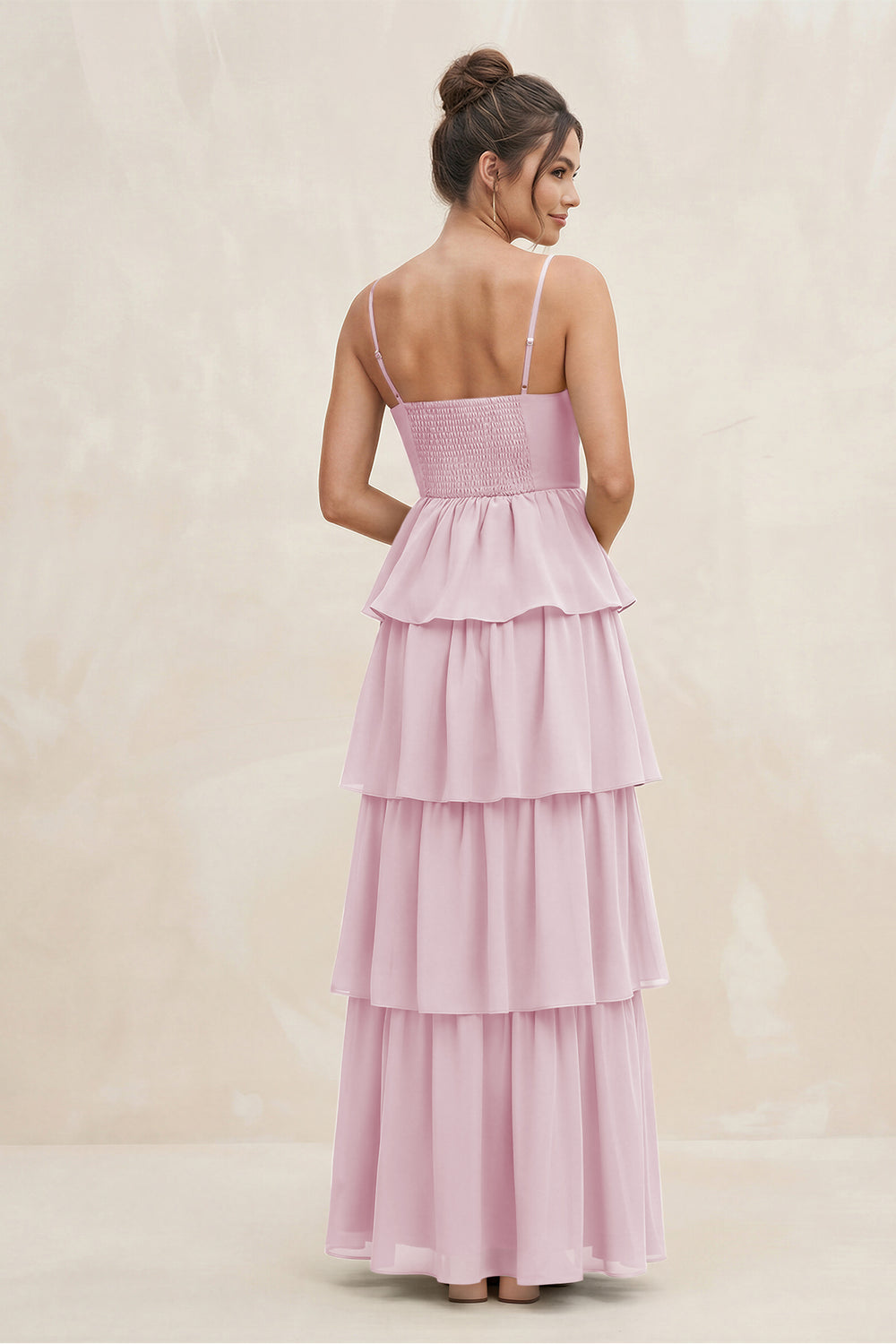 Cami Strap Tiered A-Line Chiffon Bridesmaid Dress in Candy Pink