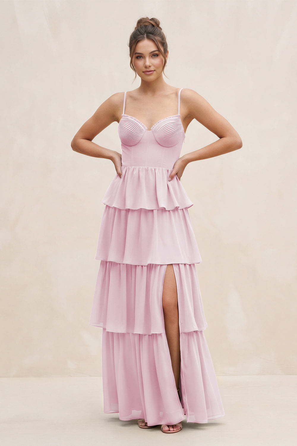Cami Strap Tiered A-Line Chiffon Bridesmaid Dress in Candy Pink