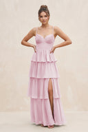 Candy Pink Cami Strap Tiered A-Line Chiffon Bridesmaid Dress | KISSBRIDAL