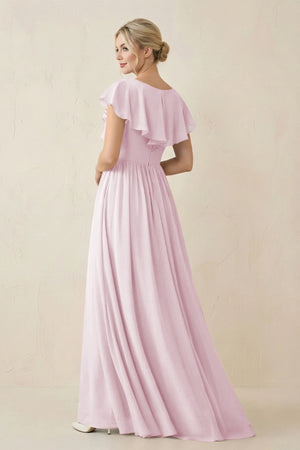 Candy Pink Cap Sleeve A-Line Ruffled Chiffon Bridesmaid Dress (2) | KISSBRIDAL