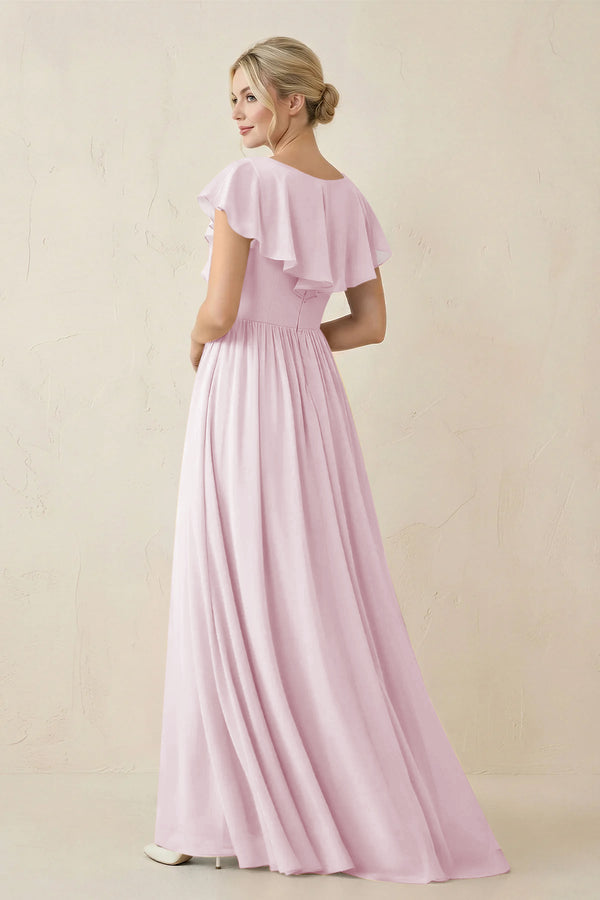 Candy Pink Cap Sleeve A-Line Ruffled Chiffon Bridesmaid Dress (2) | KISSBRIDAL
