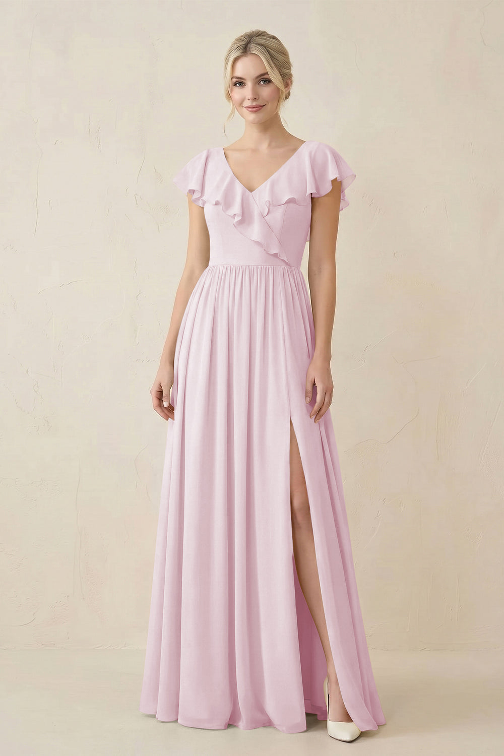 Cap Sleeve A-Line Ruffled Chiffon Bridesmaid Dress in Candy Pink