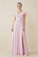 Candy Pink Cap Sleeve A-Line Ruffled Chiffon Bridesmaid Dress | KISSBRIDAL