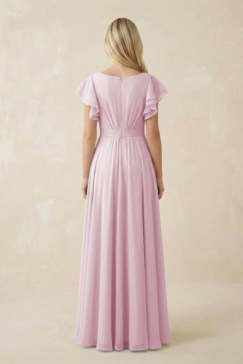 Cap Sleeve Ruffled A-Line Chiffon Bridesmaid Dress in Candy Pink
