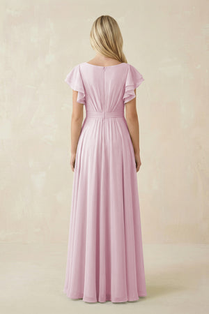 Candy Pink Cap Sleeve Ruffled A-Line Chiffon Bridesmaid Dress (2) | KISSBRIDAL
