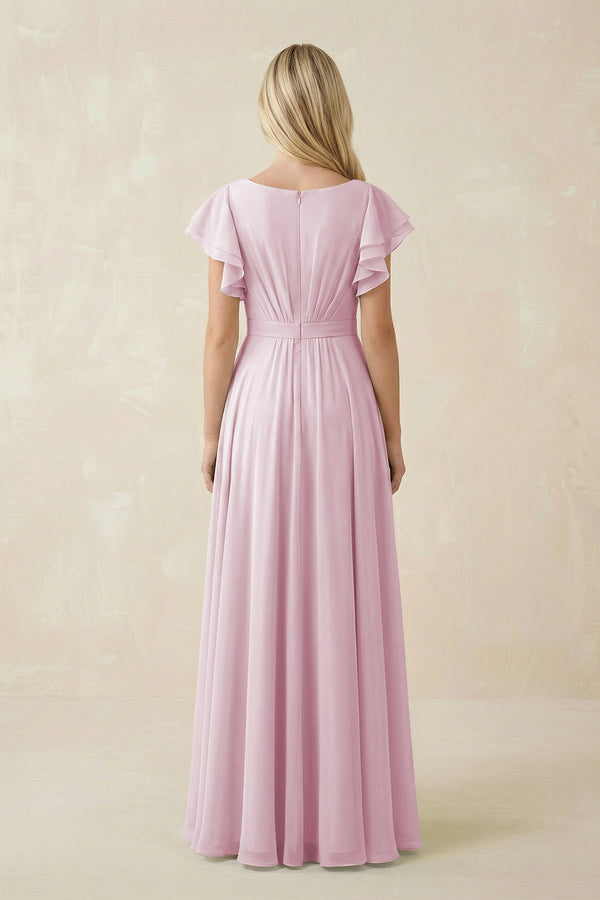 Candy Pink Cap Sleeve Ruffled A-Line Chiffon Bridesmaid Dress (2) | KISSBRIDAL