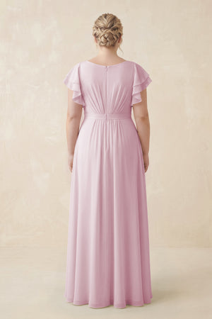 Candy Pink Cap Sleeve Ruffled A-Line Chiffon Bridesmaid Dress (2) | KISSBRIDAL
