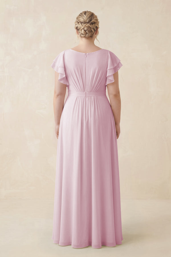 Candy Pink Cap Sleeve Ruffled A-Line Chiffon Bridesmaid Dress (2) | KISSBRIDAL