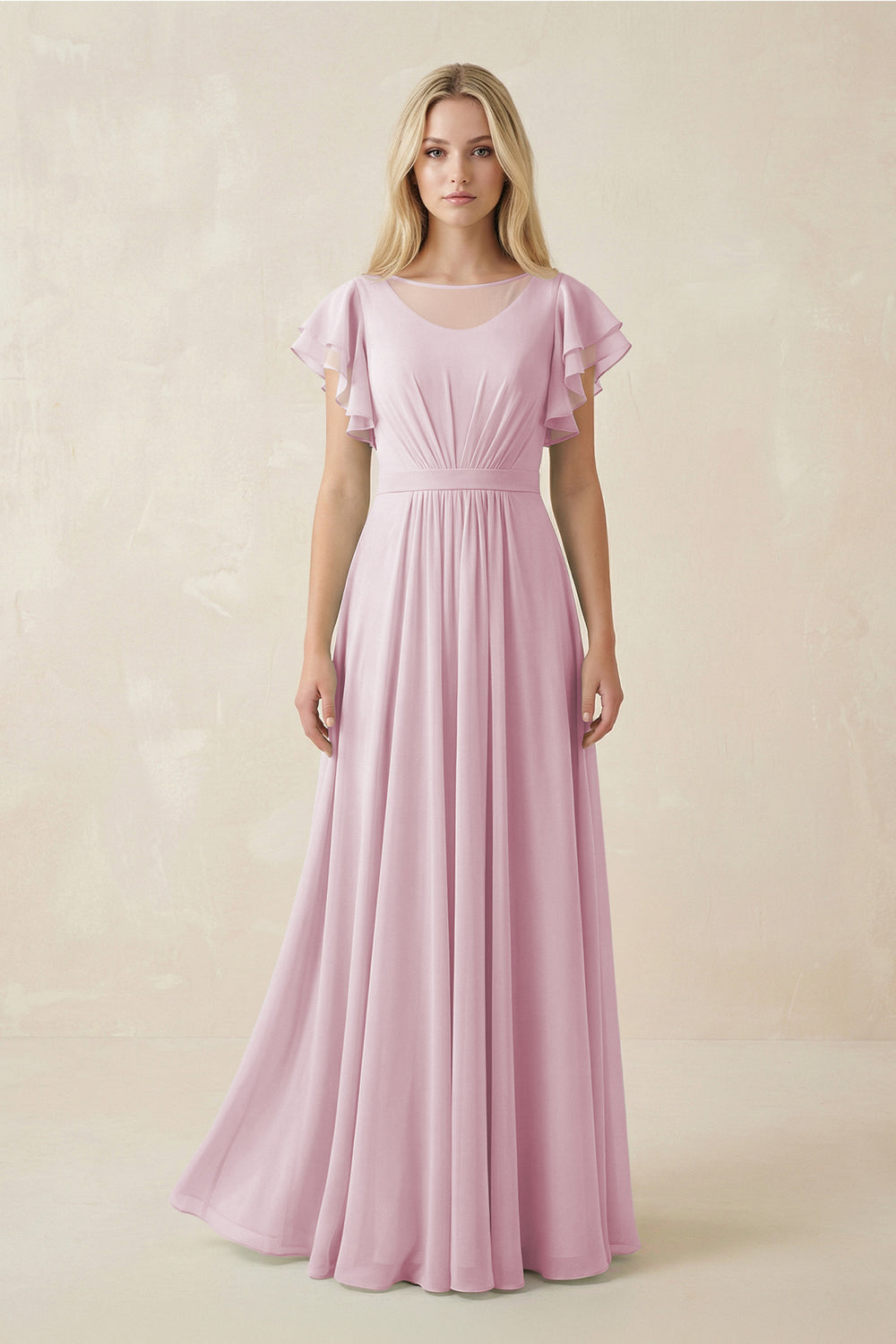Cap Sleeve Ruffled A-Line Chiffon Bridesmaid Dress in Candy Pink