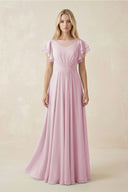 Candy Pink Cap Sleeve Ruffled A-Line Chiffon Bridesmaid Dress | KISSBRIDAL