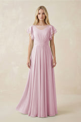 Candy Pink Cap Sleeve Ruffled A-Line Chiffon Bridesmaid Dress | KISSBRIDAL