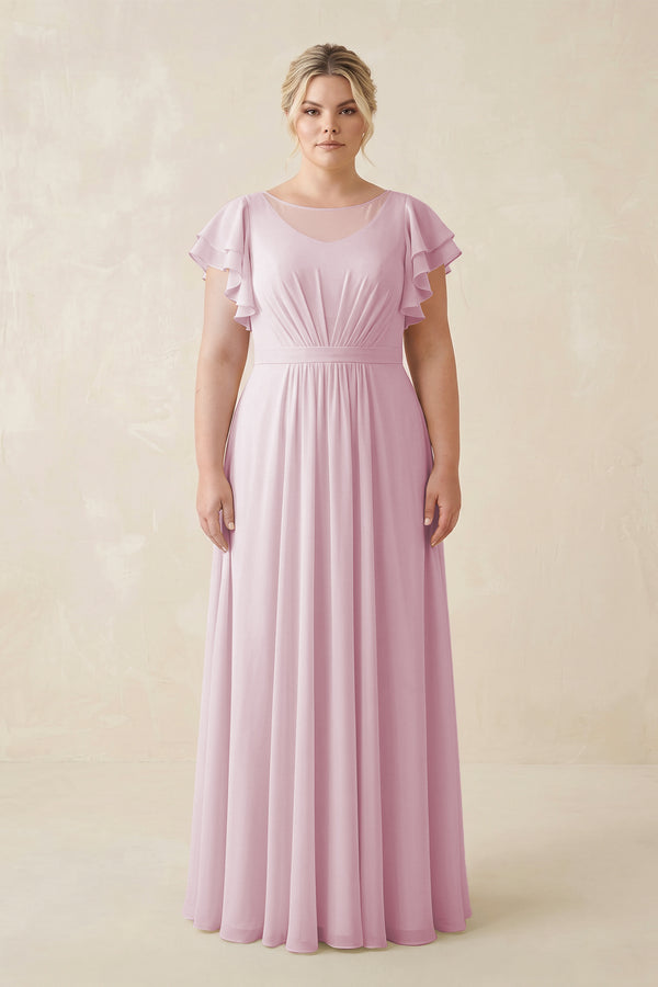 Candy Pink Cap Sleeve Ruffled A-Line Chiffon Bridesmaid Dress | KISSBRIDAL
