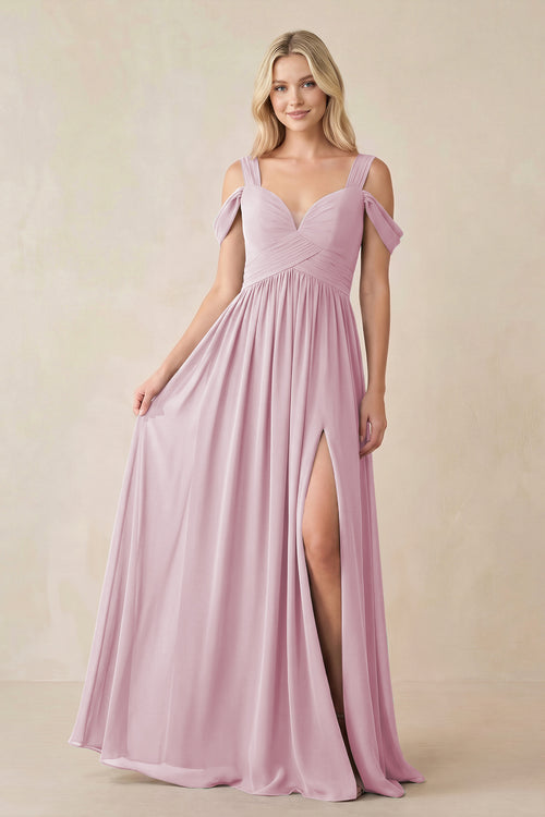 Candy Pink Chiffon A-Line Bridesmaid Dress with Slit | KISSBRIDAL