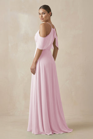 Candy Pink Chiffon A-Line Long Bridesmaid Dress (2) | KISSBRIDAL