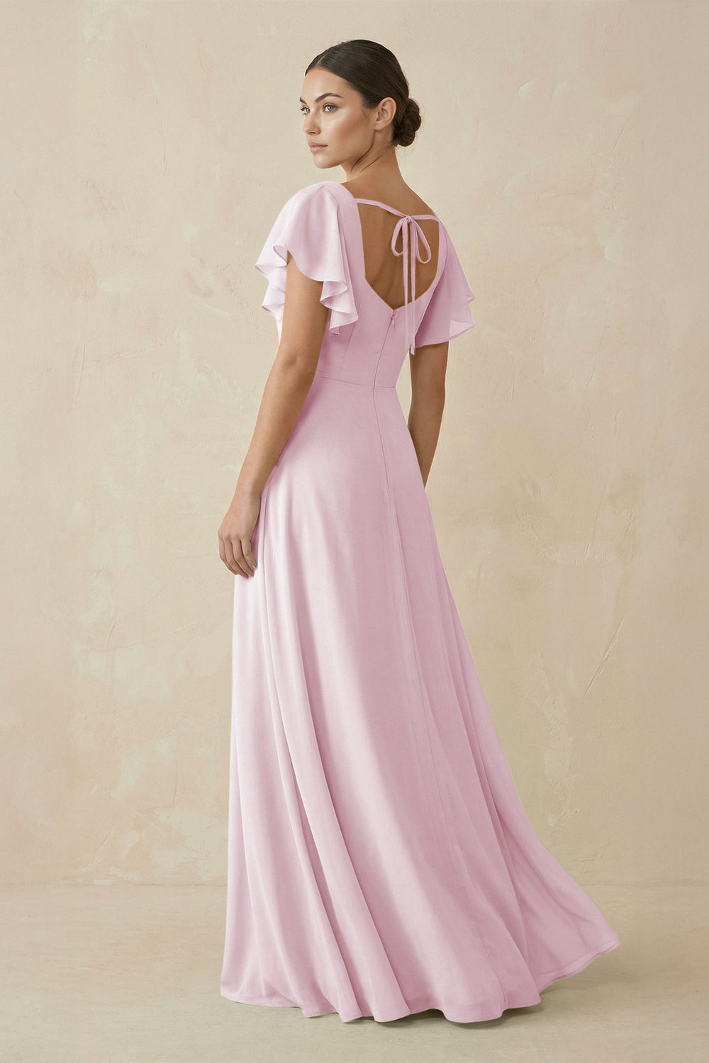 Chiffon A-Line Long Bridesmaid Dress with Flutter Sleeves in Candy Pink