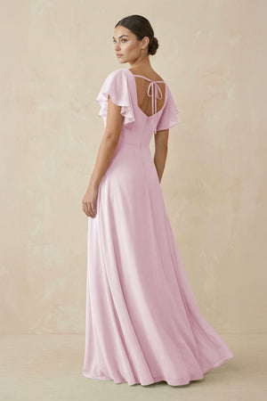 Candy Pink Chiffon A-Line Long Bridesmaid Dress with Flutter Sleeves (2) | KISSBRIDAL