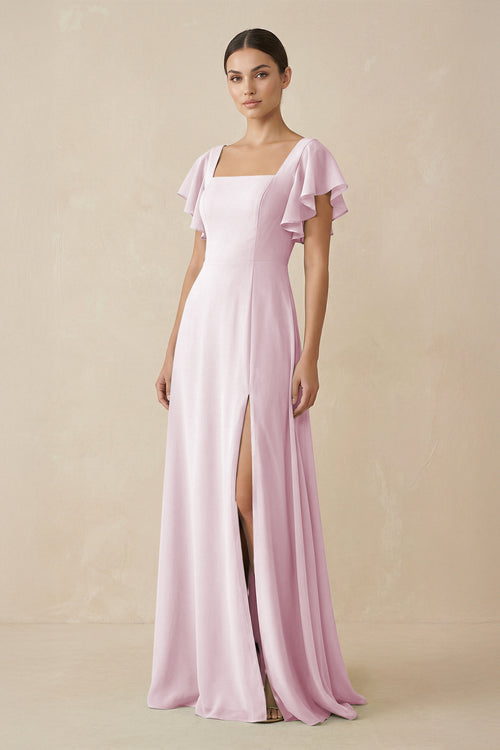 Candy Pink Chiffon A-Line Long Bridesmaid Dress with Flutter Sleeves | KISSBRIDAL