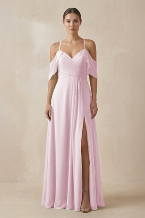 Candy Pink Chiffon A-Line Long Bridesmaid Dress | KISSBRIDAL