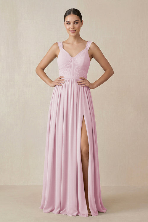 Candy Pink Chiffon A-Line Pleated Bridesmaid Dress | KISSBRIDAL