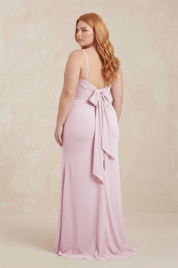 Candy Pink Cowl Neck Sheath Chiffon Bridesmaid Dress with Corset (2) | KISSBRIDAL
