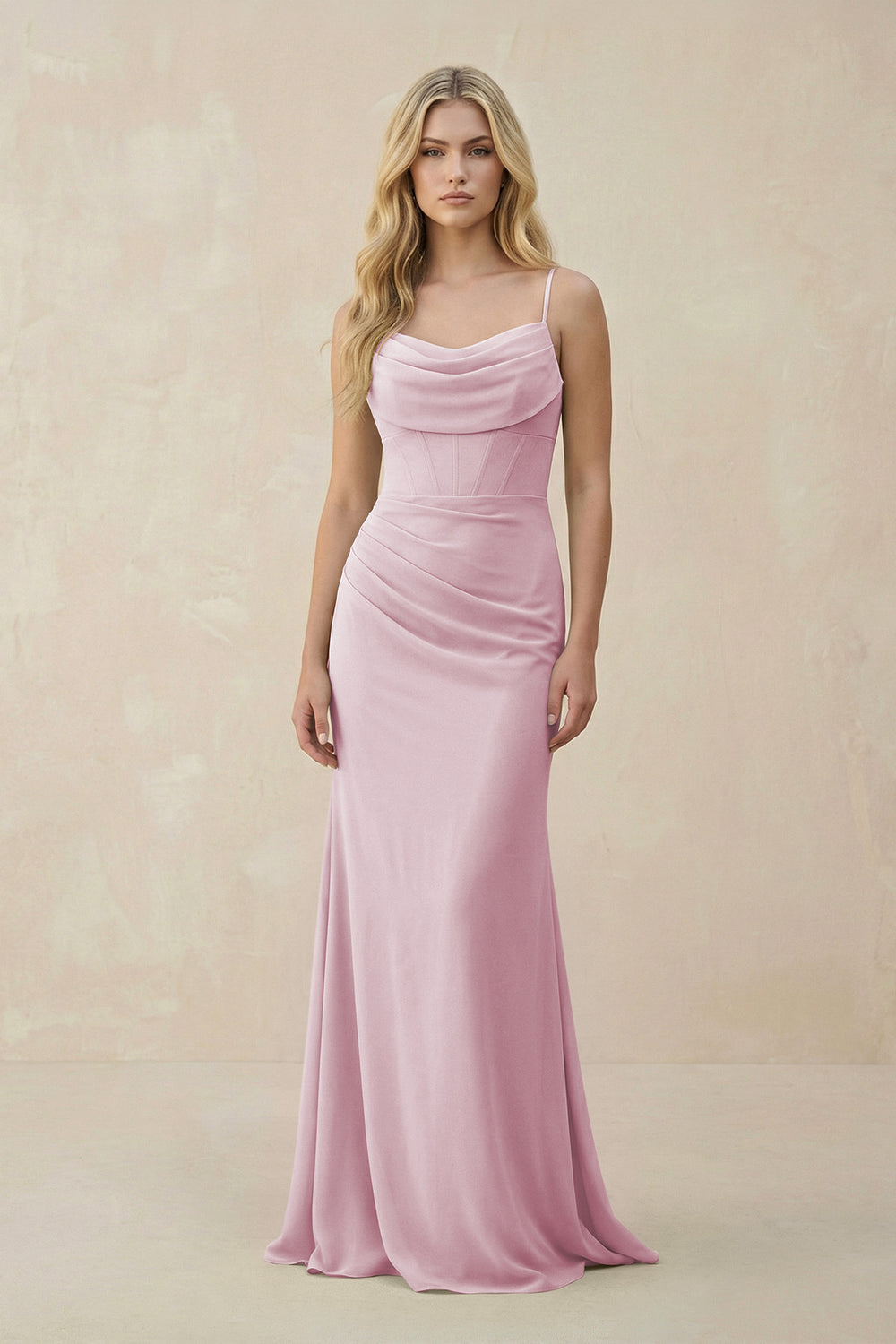 Cowl Neck Sheath Chiffon Bridesmaid Dress with Corset in Candy Pink