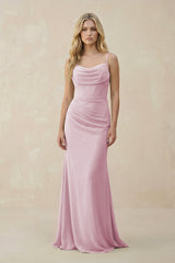 Candy Pink Cowl Neck Sheath Chiffon Bridesmaid Dress with Corset | KISSBRIDAL