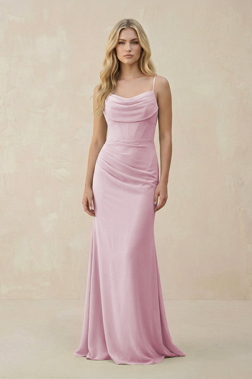 Candy Pink Cowl Neck Sheath Chiffon Bridesmaid Dress with Corset | KISSBRIDAL