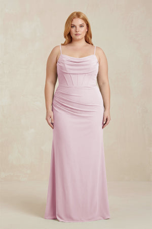 Candy Pink Cowl Neck Sheath Chiffon Bridesmaid Dress with Corset | KISSBRIDAL