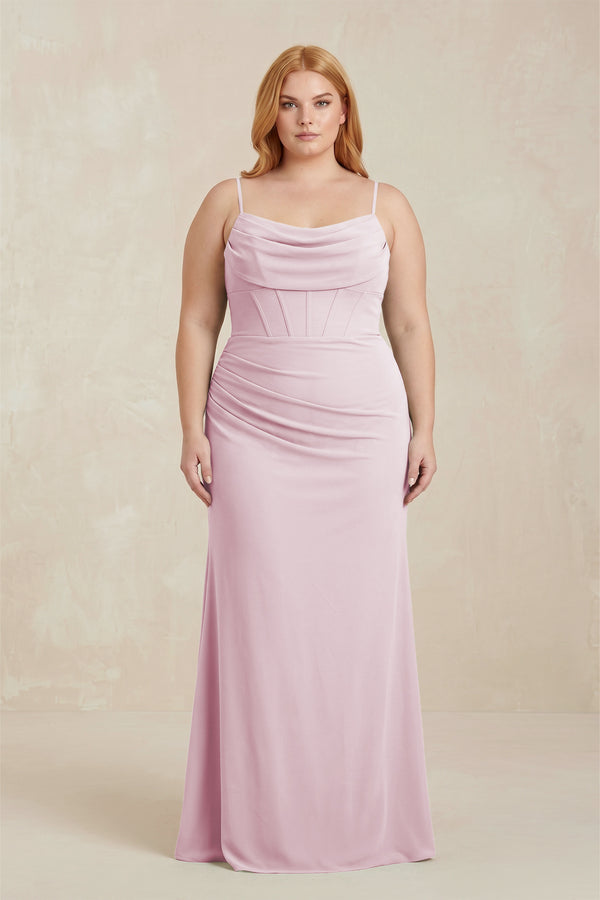 Candy Pink Cowl Neck Sheath Chiffon Bridesmaid Dress with Corset | KISSBRIDAL