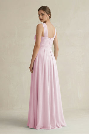 Candy Pink Cross Halter Chiffon A-Line Pleated Bridesmaid Dress (2) | KISSBRIDAL