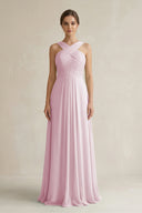 Candy Pink Cross Halter Chiffon A-Line Pleated Bridesmaid Dress | KISSBRIDAL