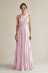 Candy Pink Cross Halter Chiffon A-Line Pleated Bridesmaid Dress | KISSBRIDAL