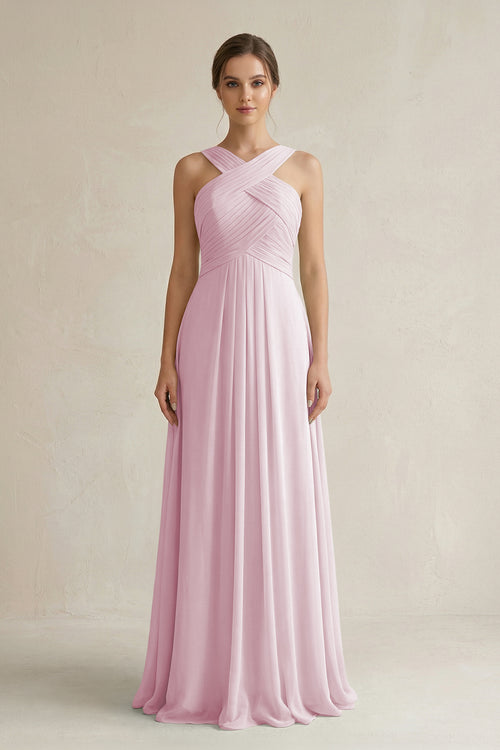Candy Pink Cross Halter Chiffon A-Line Pleated Bridesmaid Dress | KISSBRIDAL