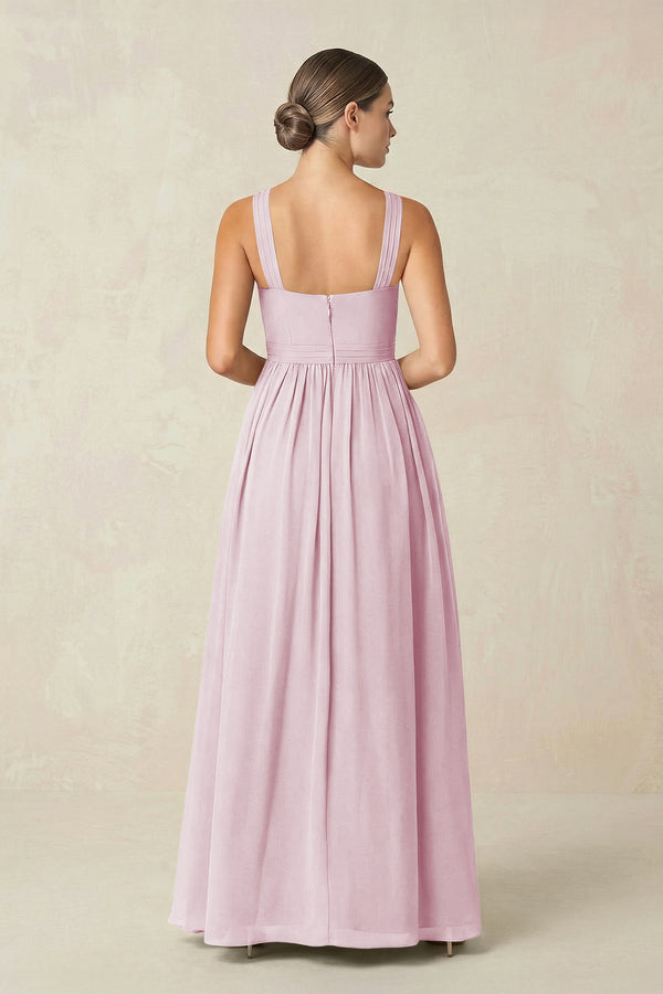 Candy Pink Cross Halter Neck Chiffon A-Line Bridesmaid Dress With Slit (2) | KISSBRIDAL
